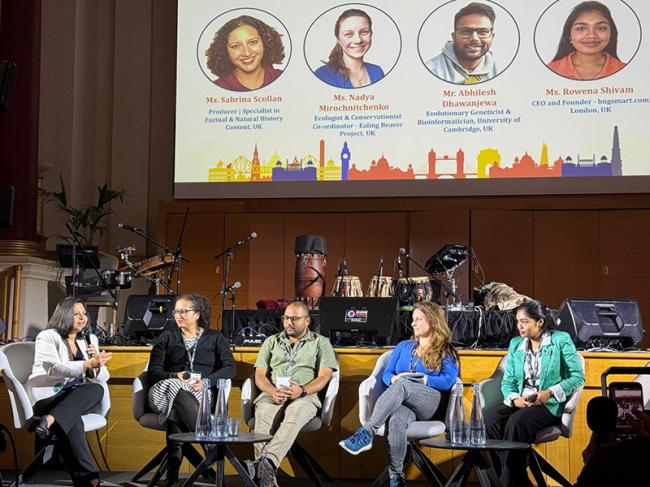 Subhra Priyadarshini, Chief Editor of Nature India, moderates the session participated by filmmaker Sabrina Scollan, urban ecologist Nadya Mirochnitchenko, evolutionary geneticist Abhilesh Dhawanjewar, and sustainability academic Rowena Shivam. Photo: IBNS