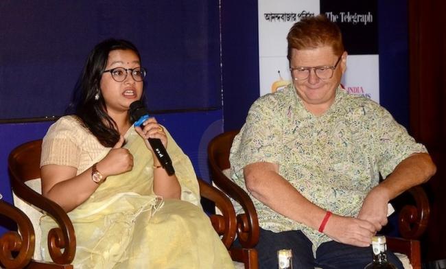 Madhuparna Sreemany, CEO of Pathfinder Educational Institute makes a point on the upcoming summit as Paul Walsh listens. Photo: Avishek Mitra/IBNS