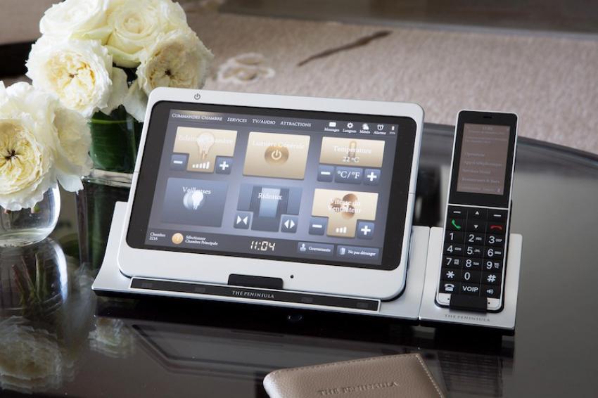 The touchscreen tablet technology helps you navigate the room and services. 