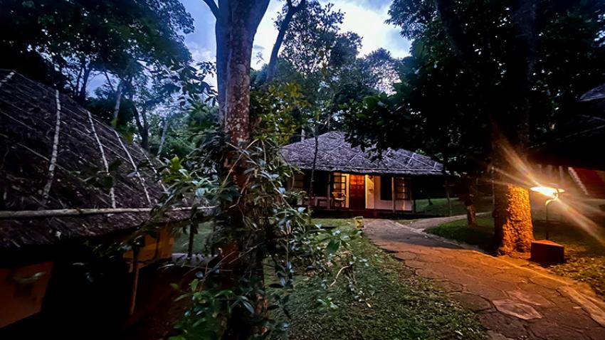 The resort cottages at dusk