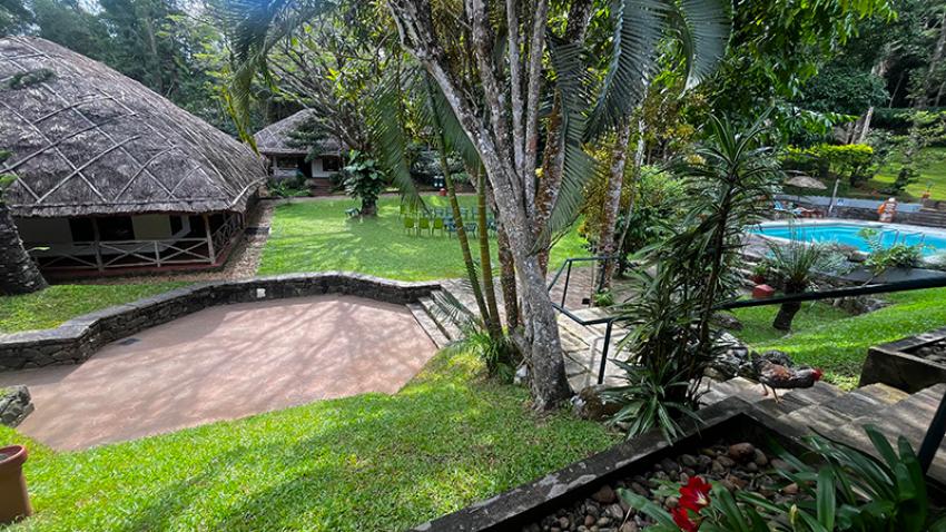 A view of the performance area and swimming pool from the Tamarind Tree restaurant 